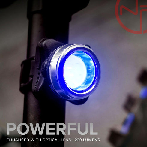 OPTIKS-BLUE Bike Light: 220 Lumens - USB Rechargeable -10hr Max - Water Resistant - 5 Modes - Blue/Blue Strobe LED - Lights for Bicycles...