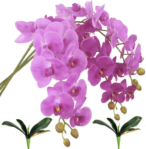 FagusHome 31" Artificial Silk Phalaenopsis Flowers 3 Pcs with 2 bundles Leaves Artificial Orchid Flowers Stem Plants in Purple Fake Butterfly Phal...
