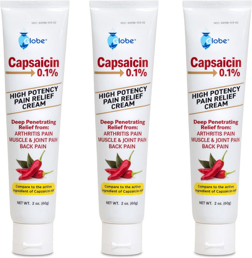 Globe (3 Pack) Capsaicin 0.1% High Potency Pain Relief Cream, Unscented (2 oz) Deep Penetrating Relief from: Arthritis, Muscle, Joint and Back Pai...