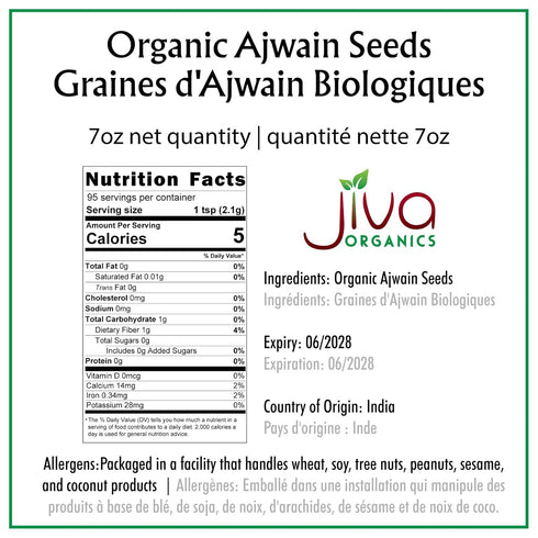 Jiva Organics Organic Ajwain Seeds 7 ounce Bag - Whole Carom Seed, Ajamo, 100% Natural & Non-GMO...