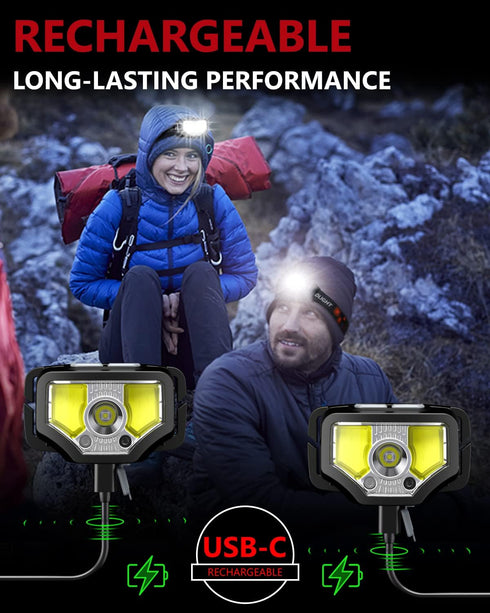 Headlamp Rechargeable 2PCS, 1200 Lumen Super Bright LED Flashlight with Motion Sensor for Adults and Kids- Camping Accessories Gear, Waterproof fo...