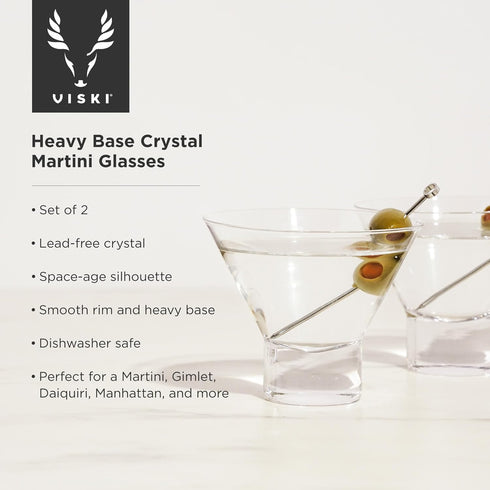 Viski Heavy Base Stemless Martini Glasses Set of 2 - Premium Short Crystal Cocktail Glass Gift Set, 7.5 oz....