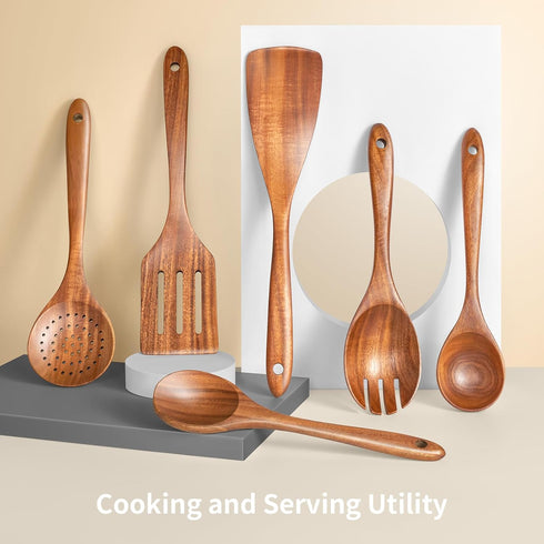 Wooden Utensil Set,Premium Teak Wooden Kitchen Utensil Set- 6 Piece Handcrafted, Wooden Kitchen Utensils Set for Cooking,Durable Cooking Utensils ...