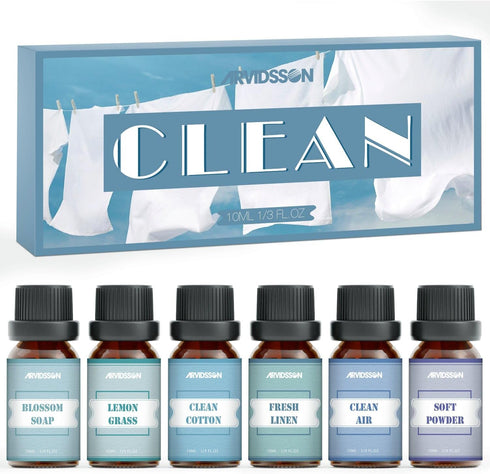Clean Essential Oils Set, ARVIDSSON Premium Fragrance Oil for Clean Home, Soap Making - Clean Cotton, Fresh Linen, Clean Air, Soft Powder, Blossom...