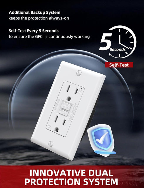 AIDA Self-Test 15 Amp Indoor Duplex Tamper-Resistant GFCI Receptacle Wall Outlet Charger with LED Indicator, Decor Wall Plate & Screws Included, U...