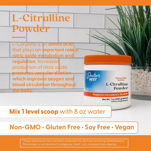 Doctors Best L-Citrulline Powder (Kyowa Quality), Supports Circulatory Health, Non-GMO, Gluten Free, Soy Free, Vegan Net Wt. 7 oz (200 Grams)...