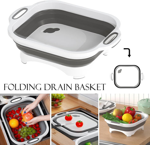 Collapsible Cutting Board,HI NINGER Camping cutting board with knife,Multifunctional Kitchen Vegetable Washing Basket Silicone Dish Tub for Campin...