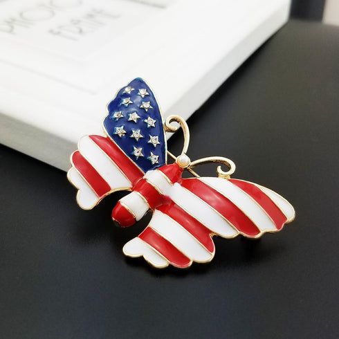 YOQUCOL Simulated Pearl Gold Tone United States American Flag Enamel Butterfly Brooch Pin...