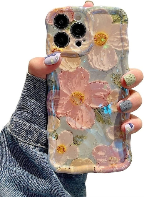EYZUTAK Case for iPhone 14 Pro Max, Colorful Retro Oil Painting Printed Flower Laser Glossy Pattern Cute Curly Wave Edge Exquisite Stylish Durable...