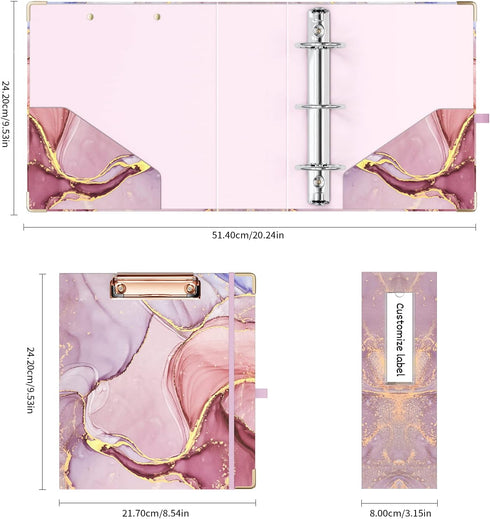 Ospelelf Mini 3 Ring Binder 2 Inch, Cute Binder for 5.5" x 8.5" with 5 Tab Dividers, File Folder Labels and Low Profile Clipboards, Pink Marble Bi...