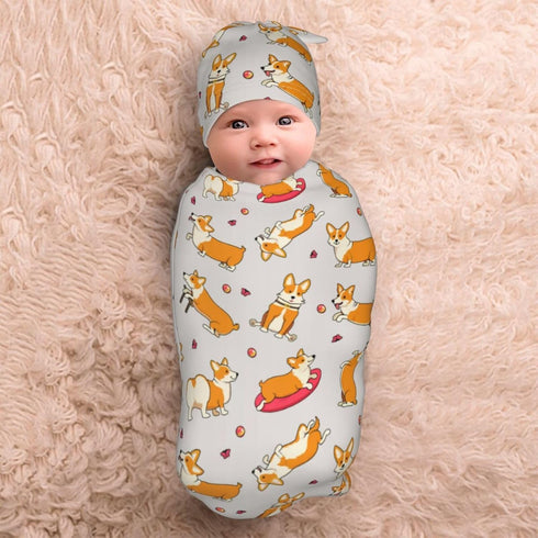 Cute Swaddle Blanket dog corgi Baby Stuff Newborn Baby Swaddling Blanket Sleep Sack with Beanie Hat Sets for Boys Girls Infant and Baby Shower Uni...