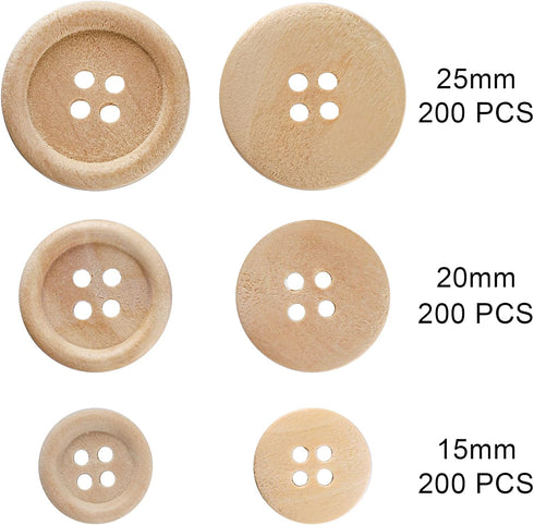 Tosnail 600 Pieces Wooden Buttons Round Blank Wood Buttons for Crafts and Sewing Project - 15mm, 20mm, 25mm, 4 Holes, Natural Color...
