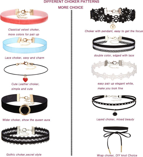 K&Q 52 PCS Choker Necklace, Classic Muti-Color Gothic Collar Choker Necklace Black White Cute Lace Velvet Choker Necklace Set for Girls and Women...