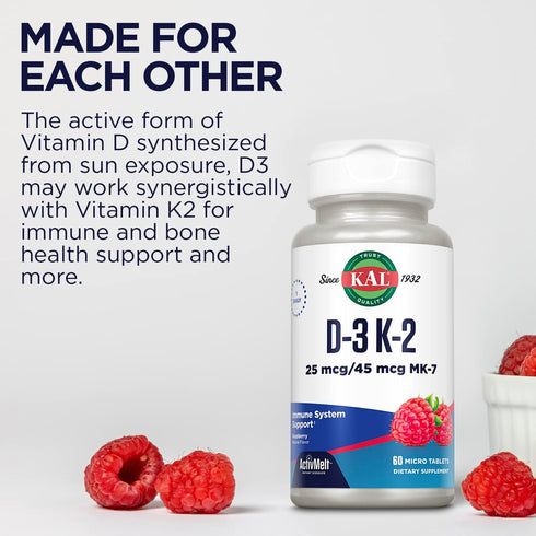 Kal 1000 Iu D-3 & K2 Tablets, Raspberry, 60 Count (Pack of 1)...