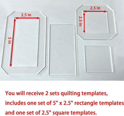 2 Sets Quilting Templates, Quilting Supplies, Sewing Templates, Quilting Rulers, 5" x 2.5" Rectangle and 2.5" Square, Quilting Templates for DIY Q...