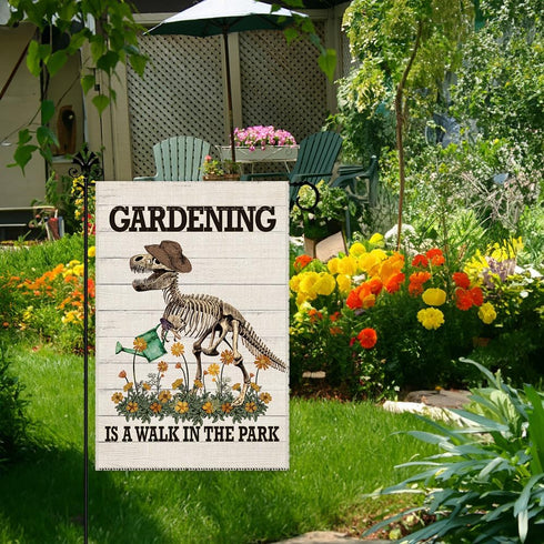Gardening is a Walk in The Park Welcome Garden Flag, 12 x 18 Inch Double Sided Holiday Outdoor Farmhouse Lawn Decor Flag, Dinosaur Skeleton Yard F...