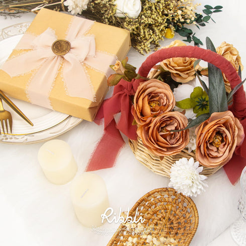 Ribbli Chiffon Ribbon 1.5 inch x 30 Yard Handmade Silk Ribbon,Champagne/Terracotta/Rust Red Fringe Chiffon Fall Ribbon for Wedding Invitations, Br...