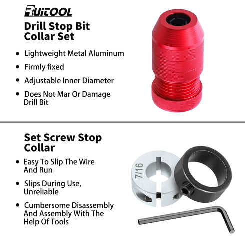Ruitool Drill Depth Stop for Drill Bits,Adjustable Drill Stop Applicable Size Range 5/64"-3/16",15/64"-7/16",Aluminum Drill Bit Stop Collar Set fo...