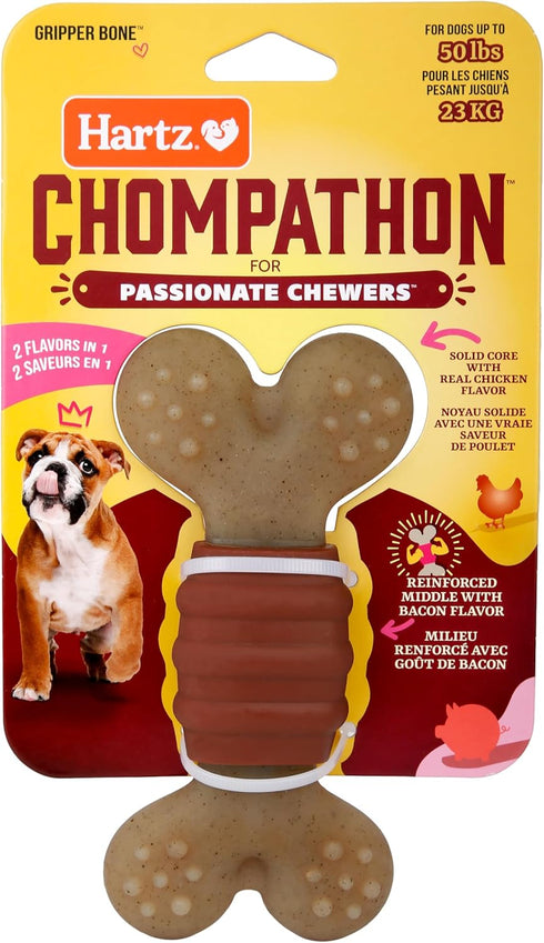 Hartz New Chompathon Gripper Bone Dog Chew Toy for Aggressive Chewers, Double Layered Flavored with Chicken & Bacon...