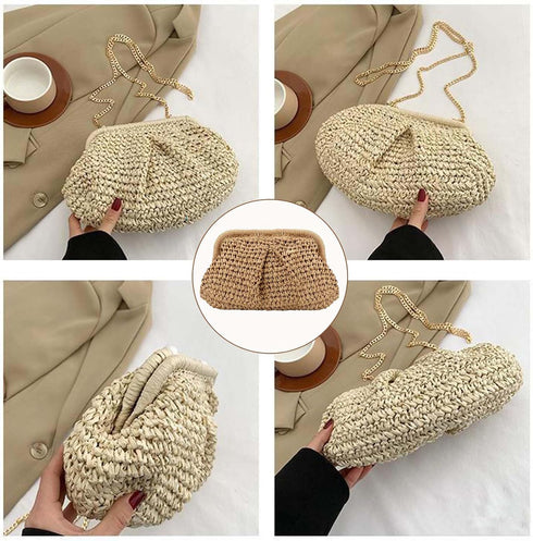Straw Clutch Purse for Women Cloud Dumpling Pouch Beach Crossbody Shoulder Bag Summer Beach Clutch Woven Handbag...