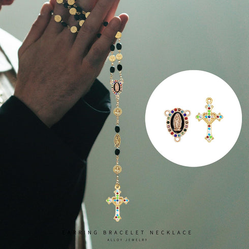 60Pieces Rosary Kits Catholic Cross and Center Medal Charm Metal Enamel Rhinestone Virgen De Guadalupe Pendant Chandelier Link for DIY Jewelry Mak...