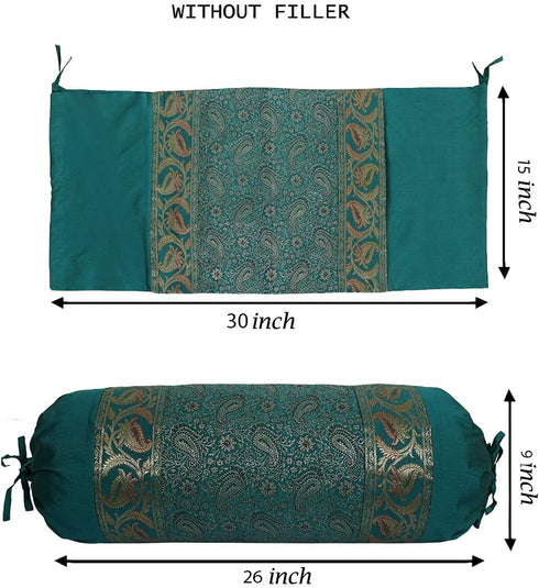 Ethnic Jacquard Brocade Silk Bolster Cushion Covers Paisley Emerald Green Yoga Massand Living Room Decorative Cylindrical Hotdog Traditional Throw...