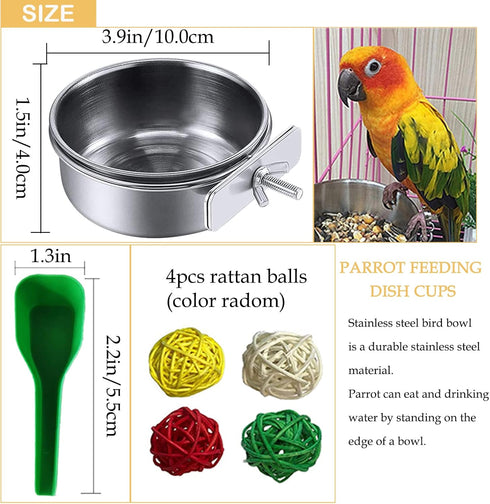 kathson Stainless Steel Bowls for Birds,4 Pcs Parrot Feeder Dish Cups,Bird Cage Water Food Bowl Coop Cup with Clamp Holder for Parrots Cockatiel B...