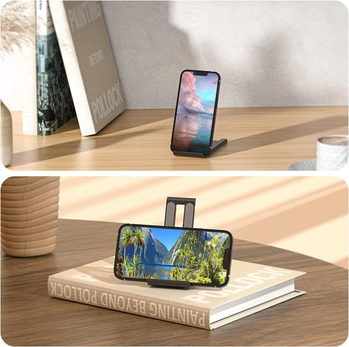 ESSAGER 2 Pack Cell Phone Stand, Adjustable Foldable Mini Mobile Phone Holder for Desk Compatible with iPhone/Kindles/Smartphones (White)...