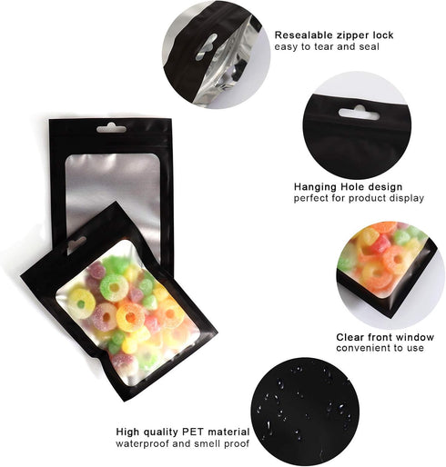 100Pcs Black Smell Proof Bags, Resealable Mylar Bags with Clear Window, Small Foil Packaging Pouch for Food Storage, Candy, Jewelry, Lip Gloss, Pa...