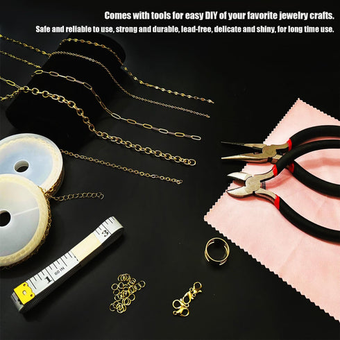 Fesorsi Gold Necklace Chain for Jewelry Making, 46ft 6 Style Rolled Steel DIY Jewelry Chain Roll Bracelet Bulk Link Plated Permanent for Earring A...