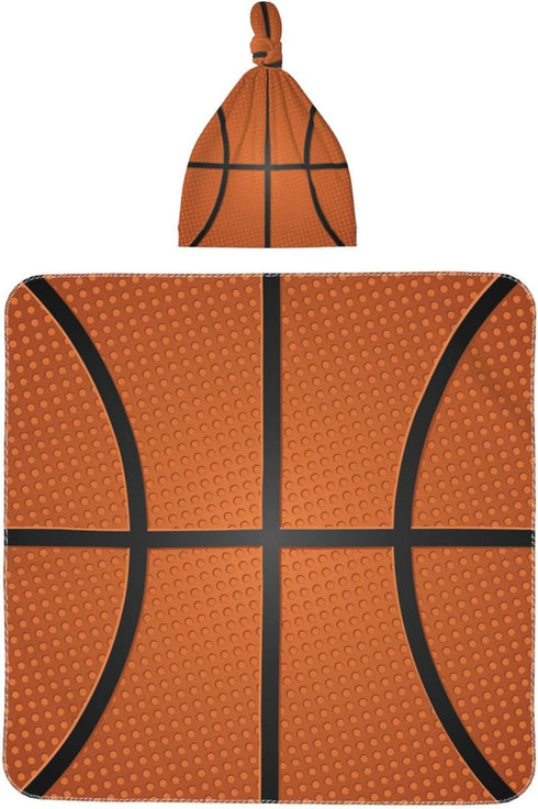 Basketball Print Baby Swaddle Blanket with Beanie Set, Newborn Receiving Blankets 35.4"X 35.4" Soft Swaddle Wrap Baby Stuff for Infant Boy Girl Gi...