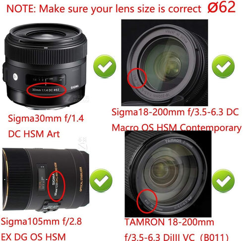 Camera Lens Cap (62mm) fit for TAMRON 18-200mm, for NIKKOR 60mm 105mm f/2.8G, for Sony CX900E AX100E w/ E18-200LEII E10-18 Lens (3 Pack)...