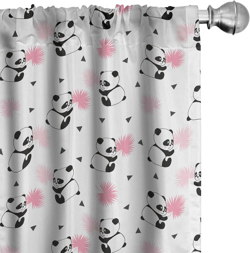 Lunarable Panda Window Curtains, Cartoon Style Bear Drawings Pinkish Foliage Leaves Chinese, Lightweight Decor 2-Panel Set with Rod Pocket, Pair o...
