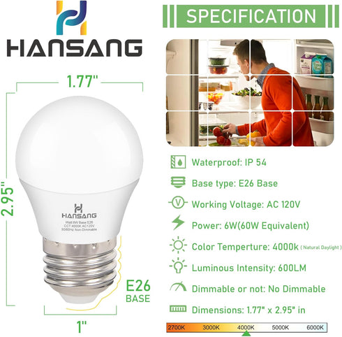 hansang E26 LED Refrigerator Light Bulb 4000K Natural Daylight, 60Watt Equivalent Waterproof Appliance Bulb, 6W A15 Small Fridge Light Bulb, Freez...