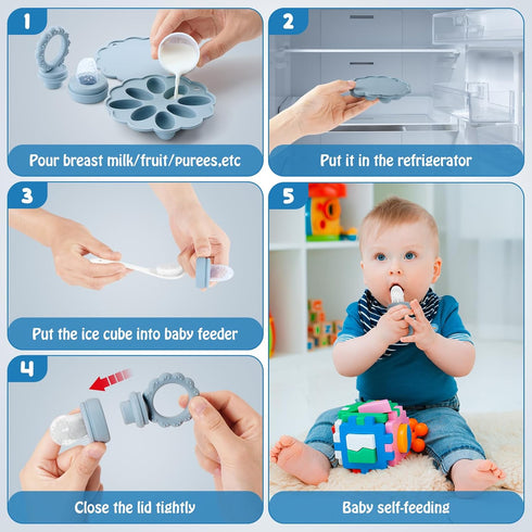 Silicone Baby Fruit Food Feeder & Breastmilk Popsicle Molds Set, Baby Food Freezer Tray for Cooling Teething Relief, Baby Food Feeder for Safe Inf...