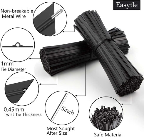 400 Pcs Twist Ties for Bags 5" Cable Ties Bag Twist Ties for Cord Twist Bread Ties Reusable Black Plastic Coated Ties Heavy Duty Bread Ties Twist ...