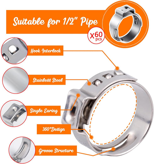 80PCS 1/2inch Stainless Steel Pex Cinch Clamp Rings plus 3/4inch Half Clamp J-Hook with Nails for Pex Tubing Pipe...