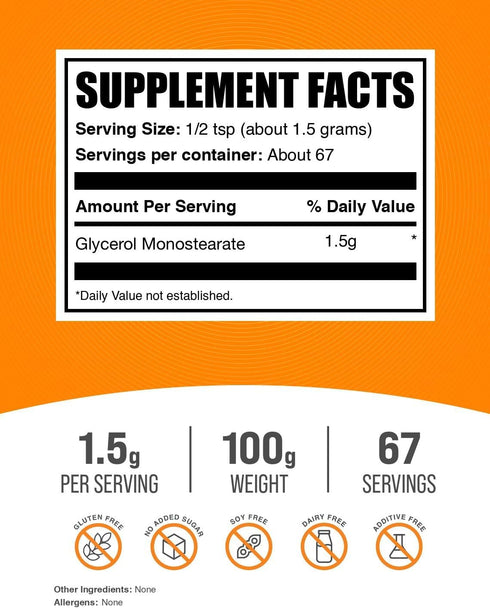 BulkSupplements.com Glycerol Monostearate Powder - Glycerol Supplement, GMS Powder - Unflavored, Food Grade & Gluten Free, 1.5g per Serving, 100g ...