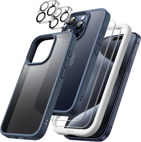 JETech 5 in 1 Matte Case for iPhone 15 Pro 6.1-Inch with 2-Pack Each Tempered Glass Screen Protector and Camera Lens Protector, Translucent Back S...
