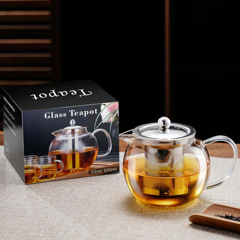 PARACITY Glass Teapot Stovetop 22 OZ/650ml, Tea pot with Removable 18/8 Stainless Steel Infuser, Borosilicate Clear Tea Kettle, Teapot Blooming an...