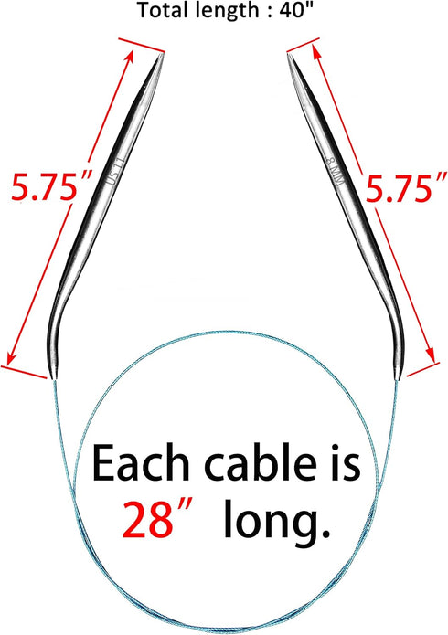 Circular Knitting Needles Set Round Needle Metal Magic Loop 40 Inch Size 15 11 9 7 4 1.5...