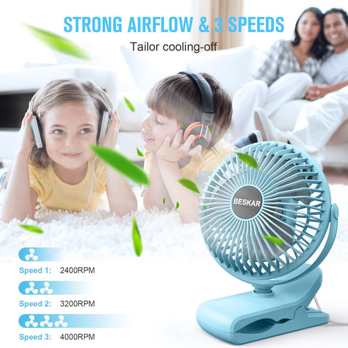 BESKAR Clip on Fan, Portable Small Desk Fans with Strong Airflow, 3 Speeds with Personal Fans Sturdy Clamp, Quiet Desk Fan & Clip Fan with USB Cor...