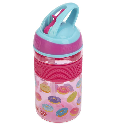 Nuby Thirsty Kids Flip-it Freestyle On the Go Water Bottle with Bite Resistant Hard Straw Cup and Easy Grip Band, Pink Donuts, 12 Ounce...