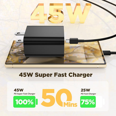 45W Super Fast Charger Type C,2 Pack 45 Watt USB-C PD/PPS Wall Charging Block,6/10 FT Type C to Type C Cable for Samsung Galaxy S23 Ultra/S23+/S22...