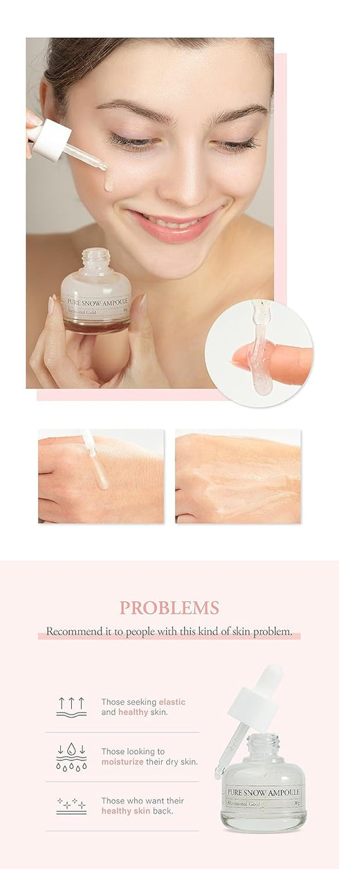 Pure Snow Ampoule - Real 24 Karat Gold Ampoule Korean Skin Care - Gold Skincare Anti-Aging Serum with Peptides, and Vitamin C - Brightens, Moistur...