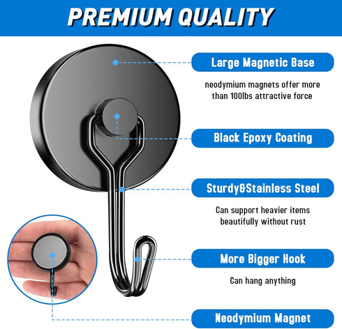 Grtard 8Pack Black Swivel Swing Magnetic Hooks 110LBS Heavy Duty Neodymium Magnet Hooks, Strong Magnets with Hooks for Hanging, Home, Office, Clas...