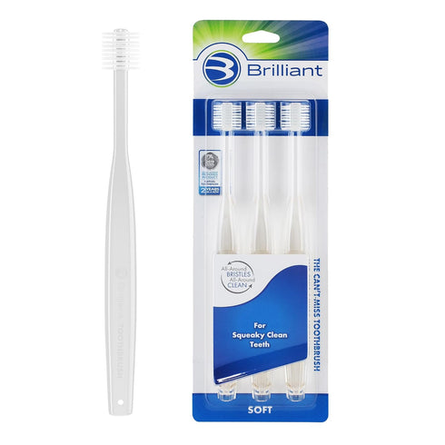 Brilliant Oral Care Adult Toothbrush with Soft Bristles, Round Head, and All-Around Clean for Teeth and Gums, Clear, 3 Pack...