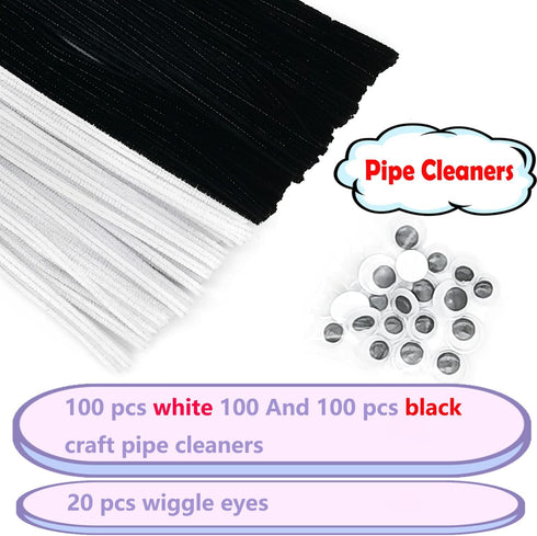Cldamecy 100 Pcs Black & 100 Pcs White Pipe Cleaners Set with 20 pcs Googly Eyes,Chenille Stems Pipe Cleaners Supplies for Kids DIY Craft Projects...