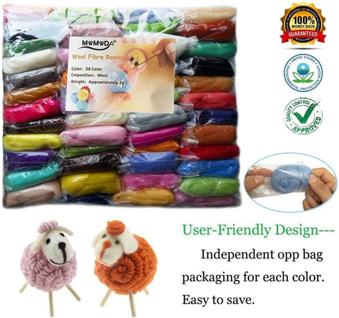 MOMODA BAODLON 50 Colors Fibre Wool Yarn Roving for Needle Felting Hand Spinning DIY Craft Materials...