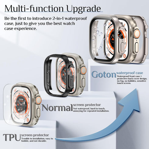 Goton 2 in 1 Waterproof Case for Apple Watch Ultra Ultra2 Screen Protector 49mm, 360 Protective Glass Face Cover Hard PC Bumper + Back Frame for i...
